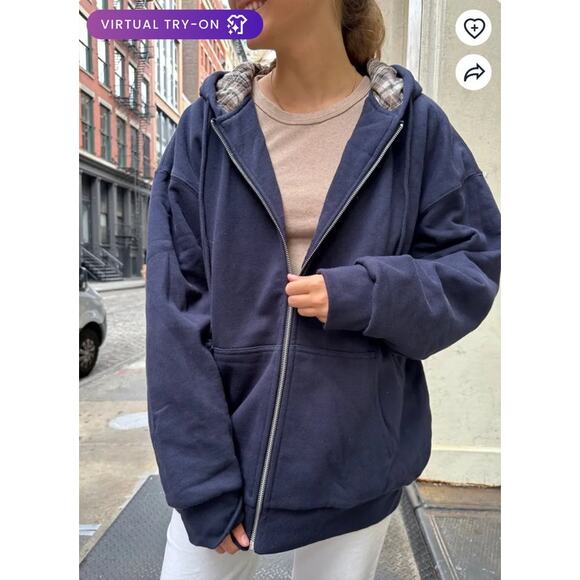 Brandy Melville Womens Blue Oversized Christy Plaid Hoodie Size Large XL NEW - Picture 3 of 16